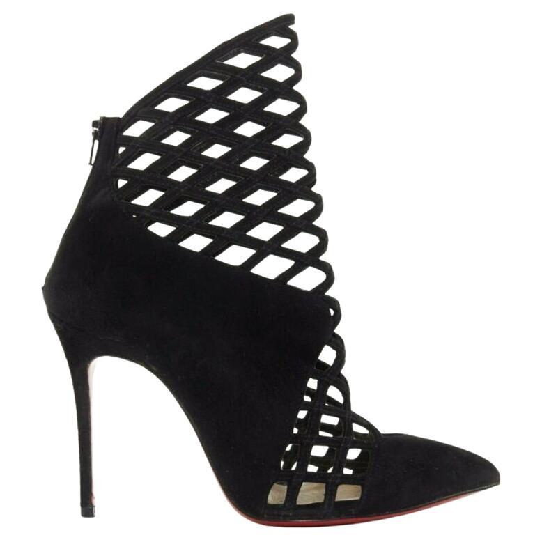 CHRISTIAN LOUBOUTIN Mrs Bouglione black suede mesh cut out pointy bootie EU35 For Sale