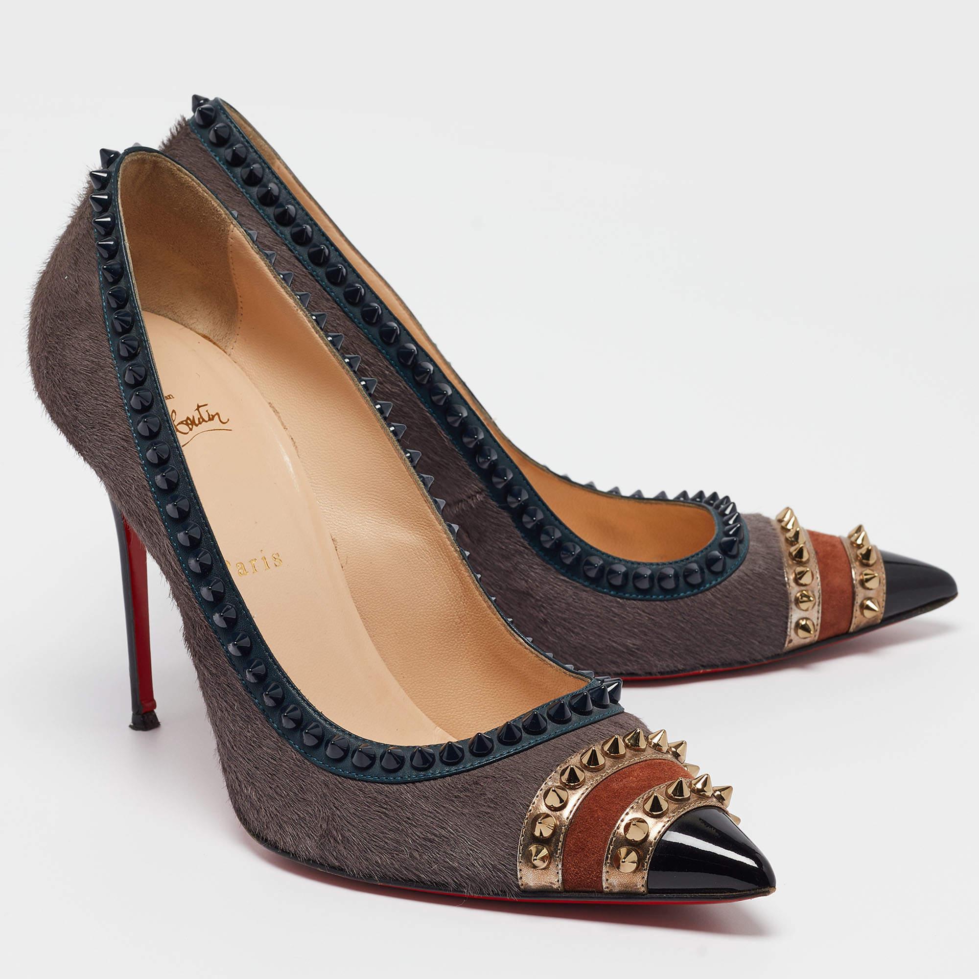 Christian Louboutin Multicolor Calf Hair and Leather Malabar Hill Spiked Pointed In Good Condition For Sale In Dubai, Al Qouz 2