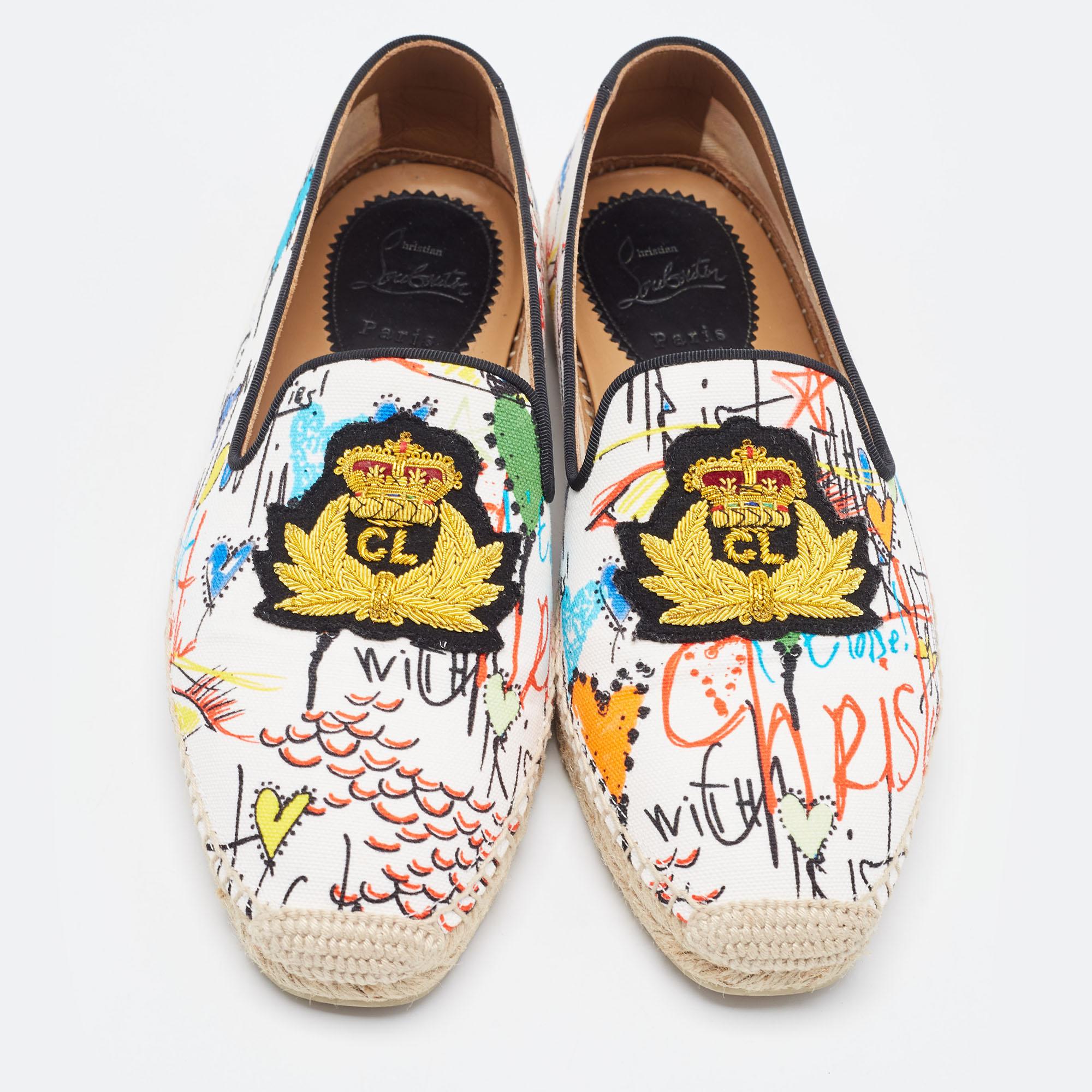 These designer espadrilles by Christian Louboutin will be your favorite go-to pair for off-duty looks. Crafted using canvas, the shoes have covered toes, prints on the exterior, and red rubber soles.

Includes: Original Dustbag, Original Box

