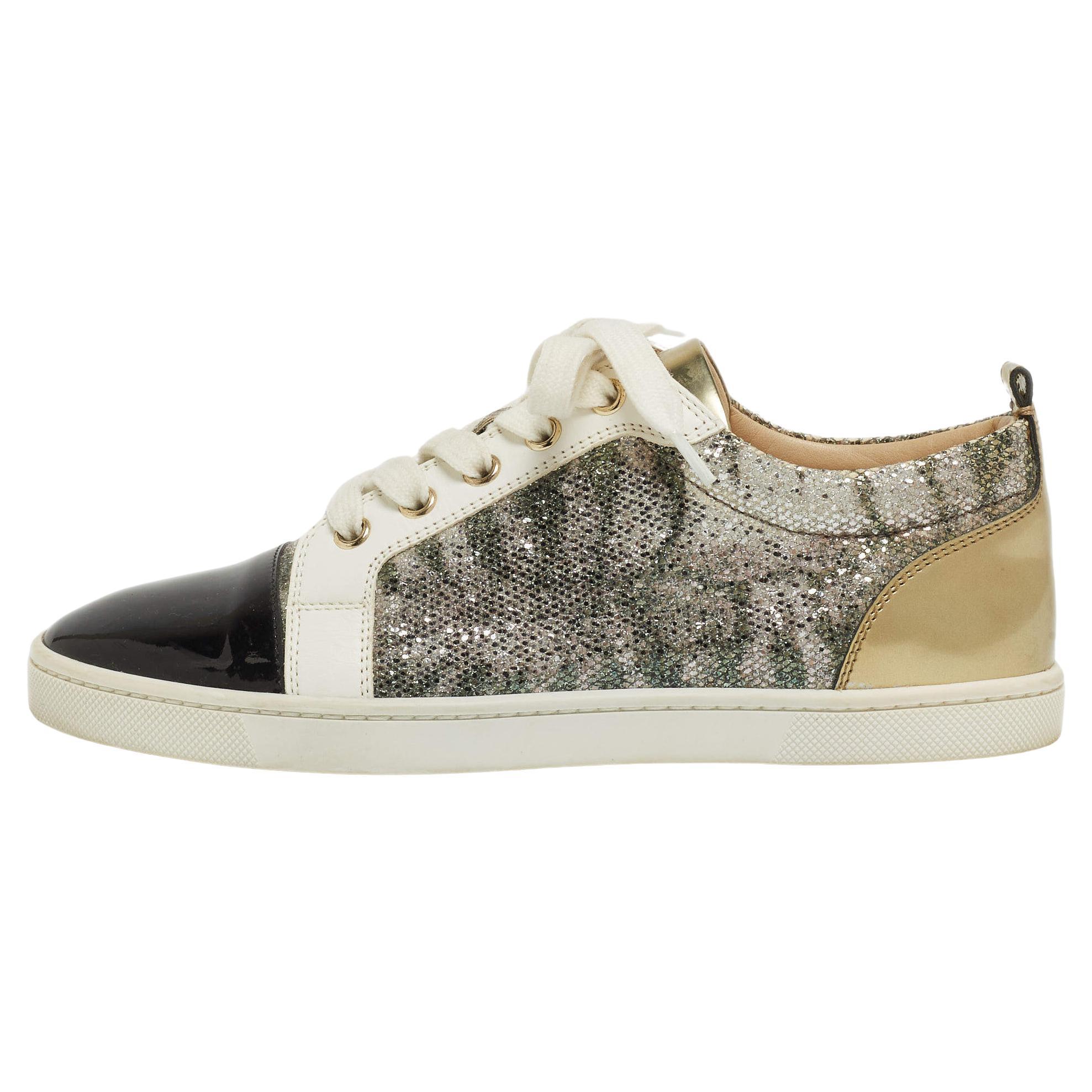 Christian Louboutin Multicolor Coarse Glitter and Leather Gondoliere Sneakers Si For Sale