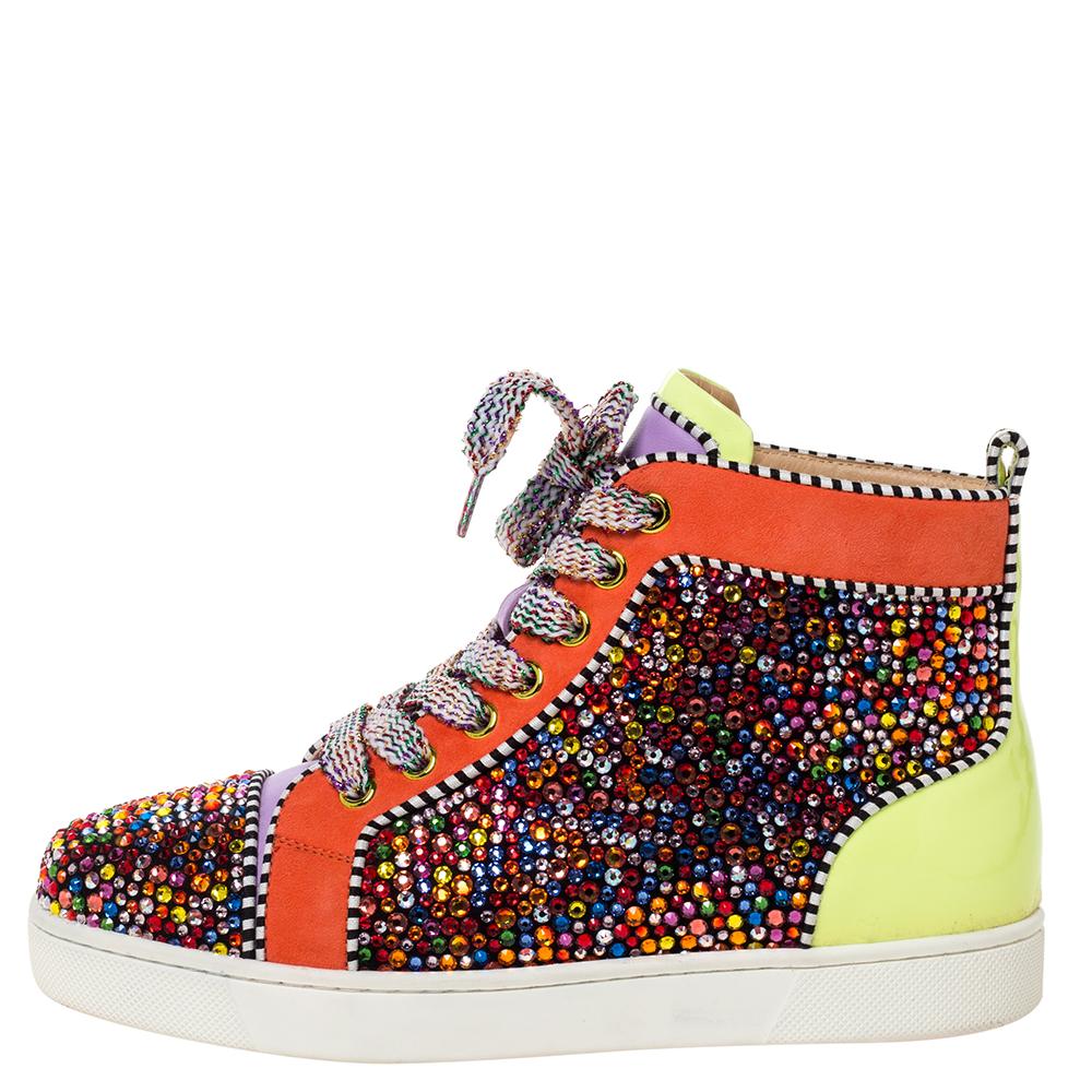Women's Christian Louboutin Multicolor Crystal Embellished Suede And Patent Size 35