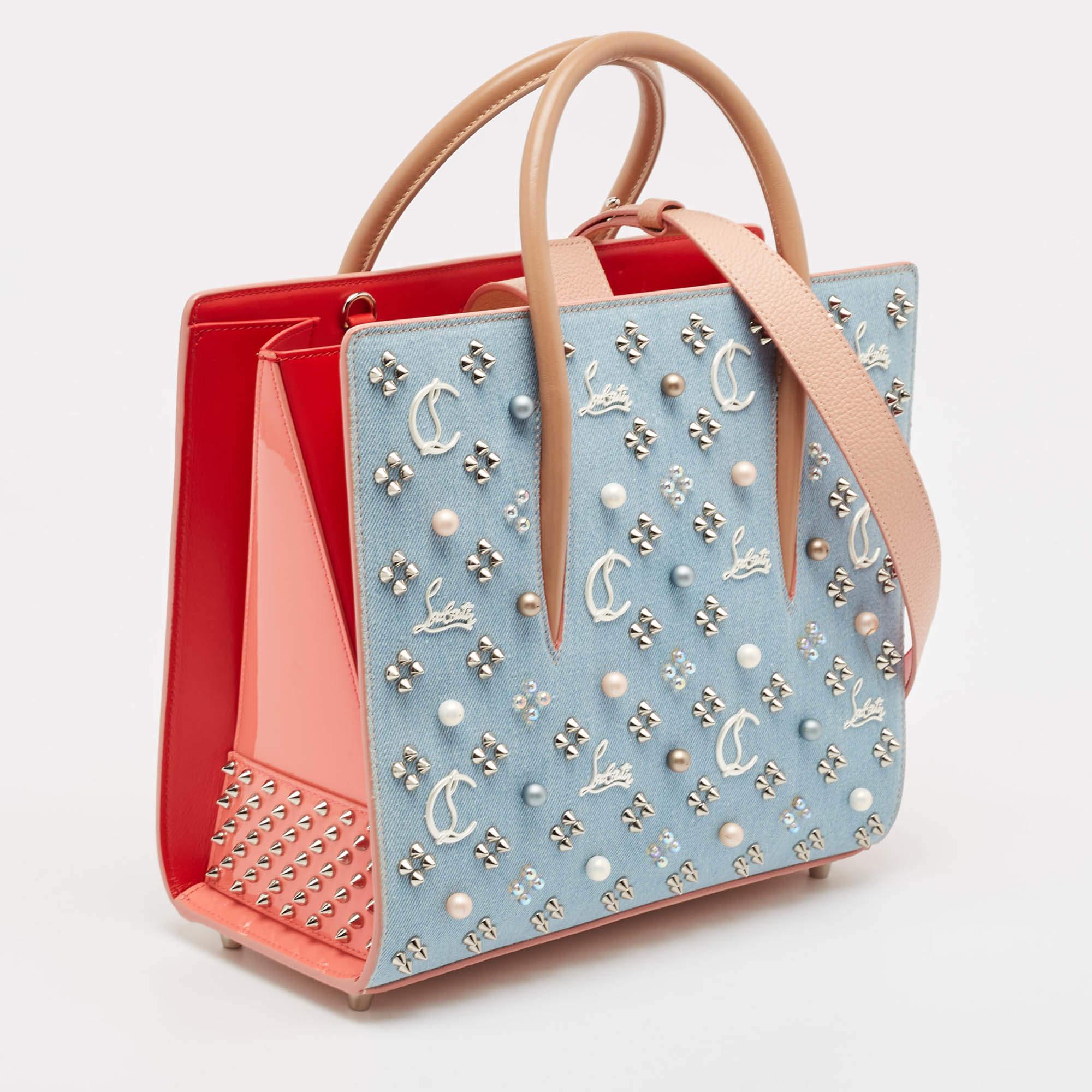 Gray Christian Louboutin Multicolor Denim and Leather Mix Pearls Paloma Tote