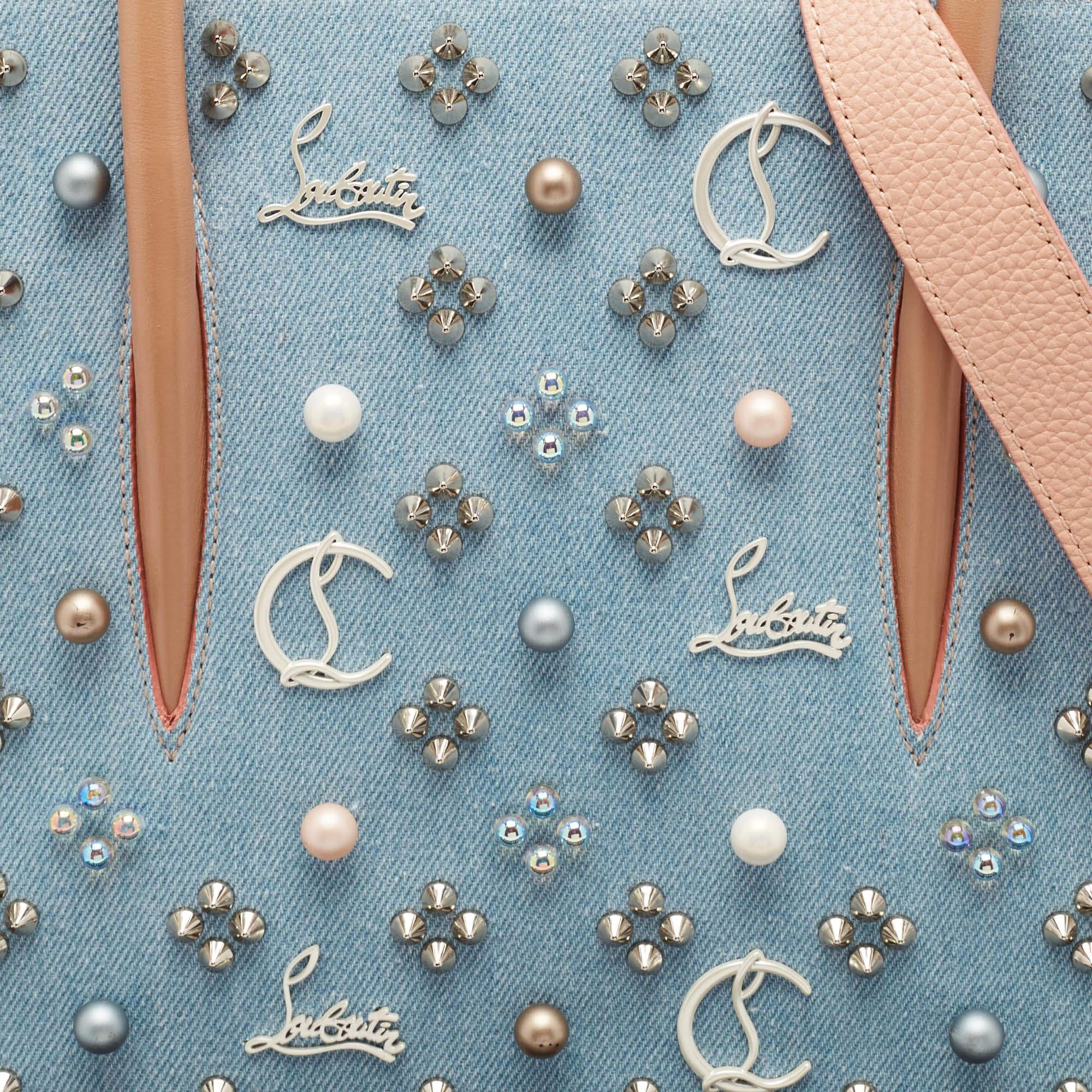 Women's Christian Louboutin Multicolor Denim and Leather Mix Pearls Paloma Tote