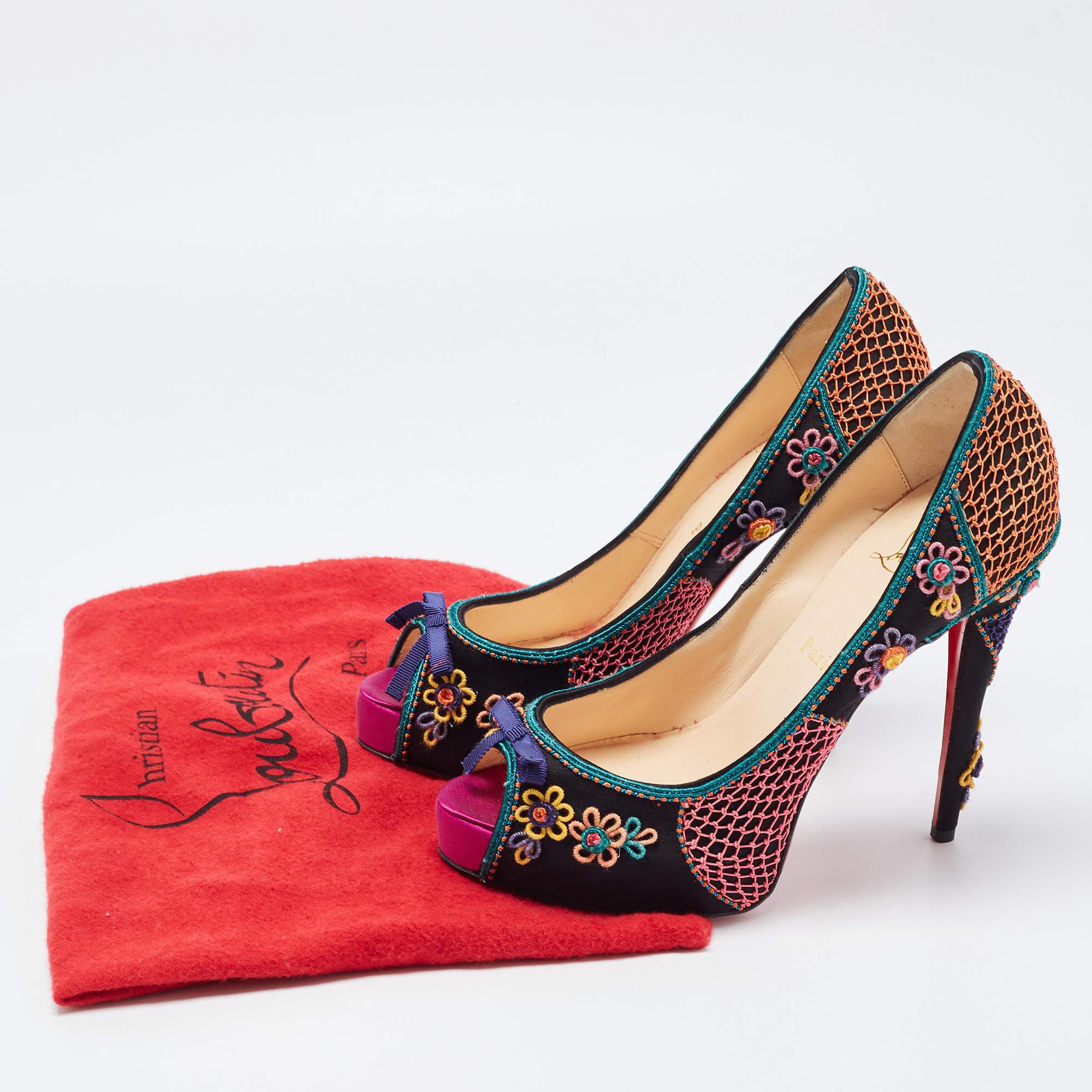 Christian Louboutin Multicolor Embellished Satin Bow Peep Toe Platform Pumps Siz For Sale 6