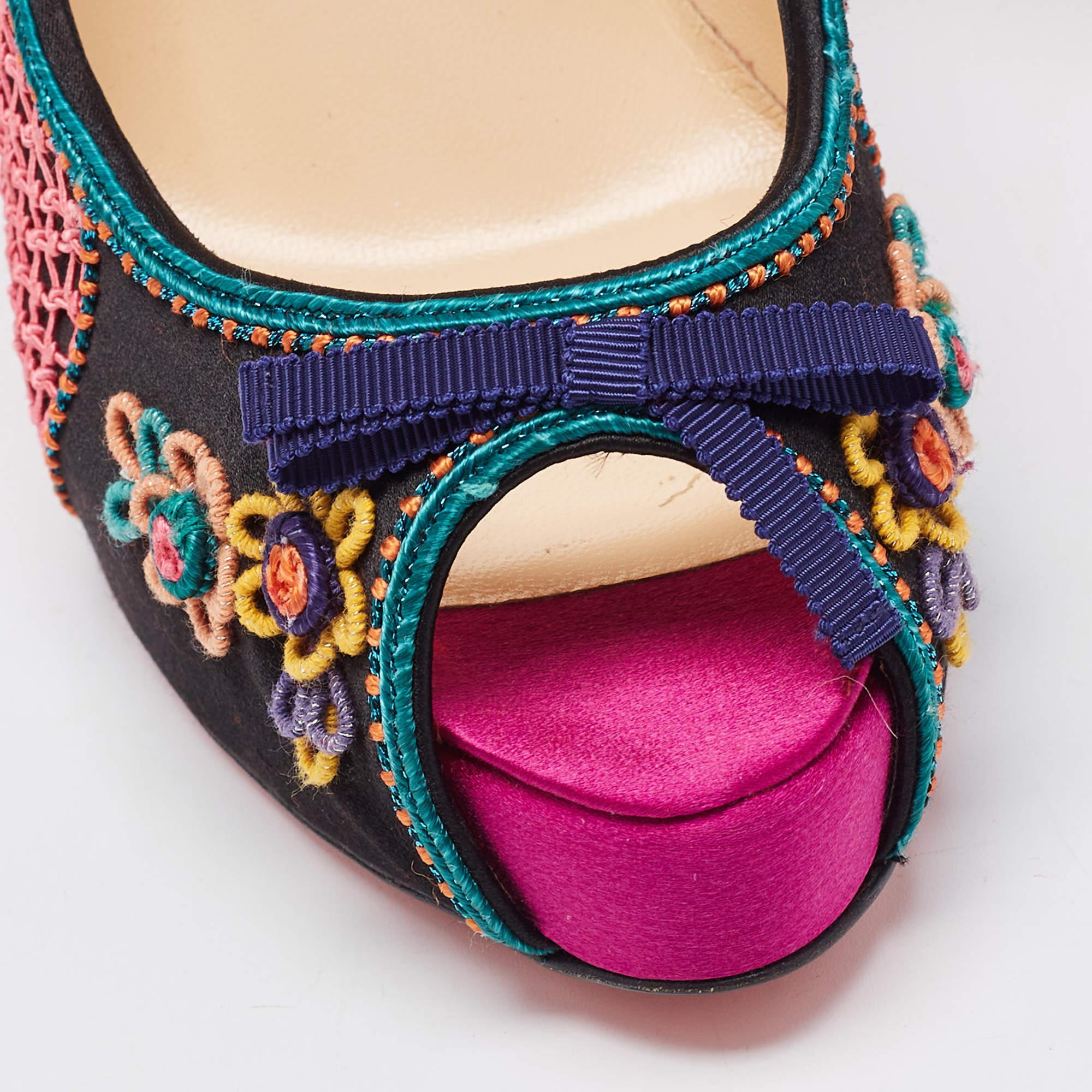 Women's Christian Louboutin Multicolor Embellished Satin Bow Peep Toe Platform Pumps Siz For Sale
