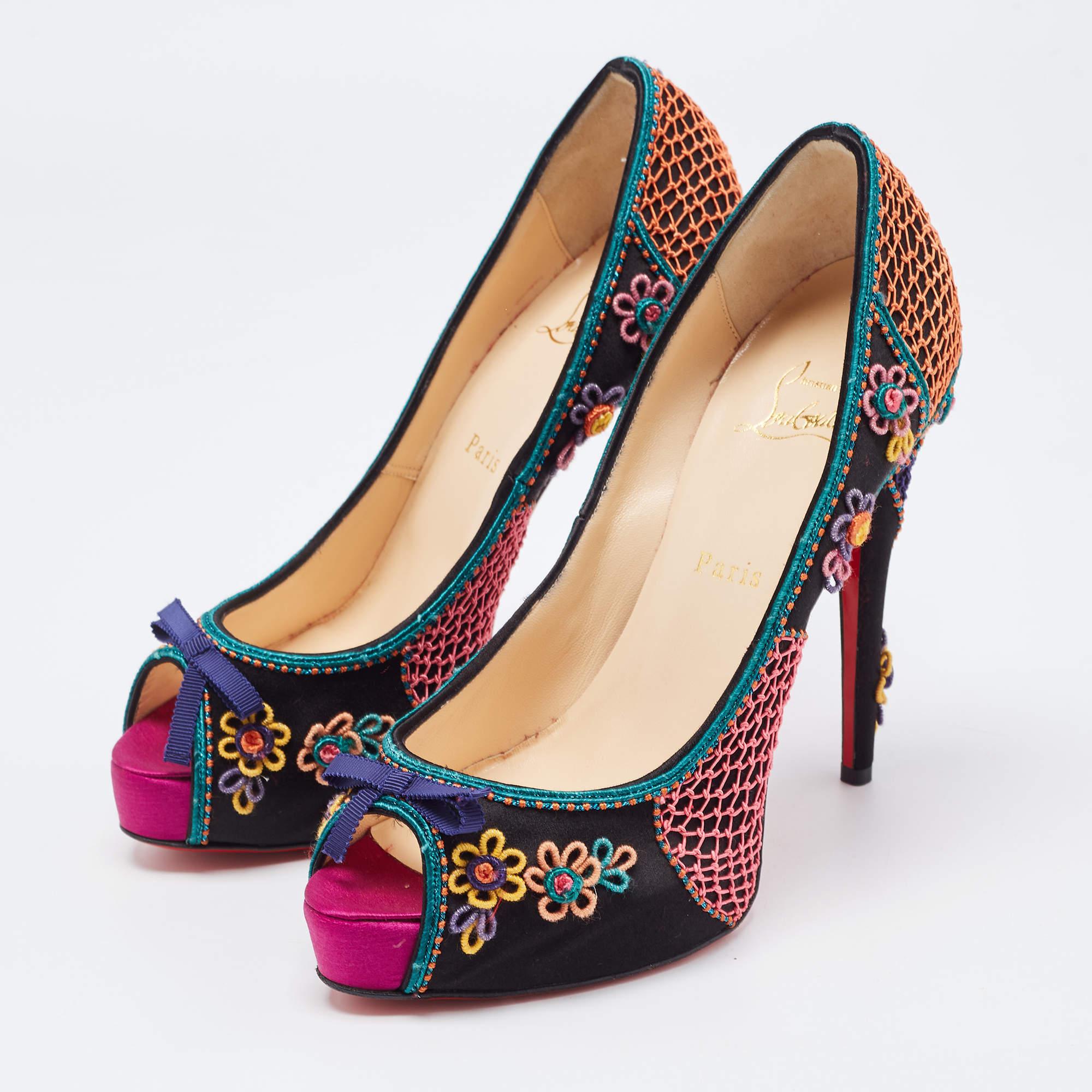 Christian Louboutin Multicolor Embellished Satin Bow Peep Toe Platform Pumps Siz For Sale 1
