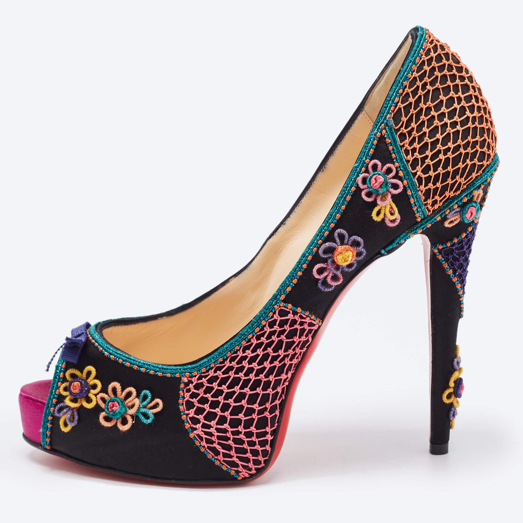 Christian Louboutin Multicolor Embellished Satin Bow Peep Toe Platform Pumps Siz For Sale 2