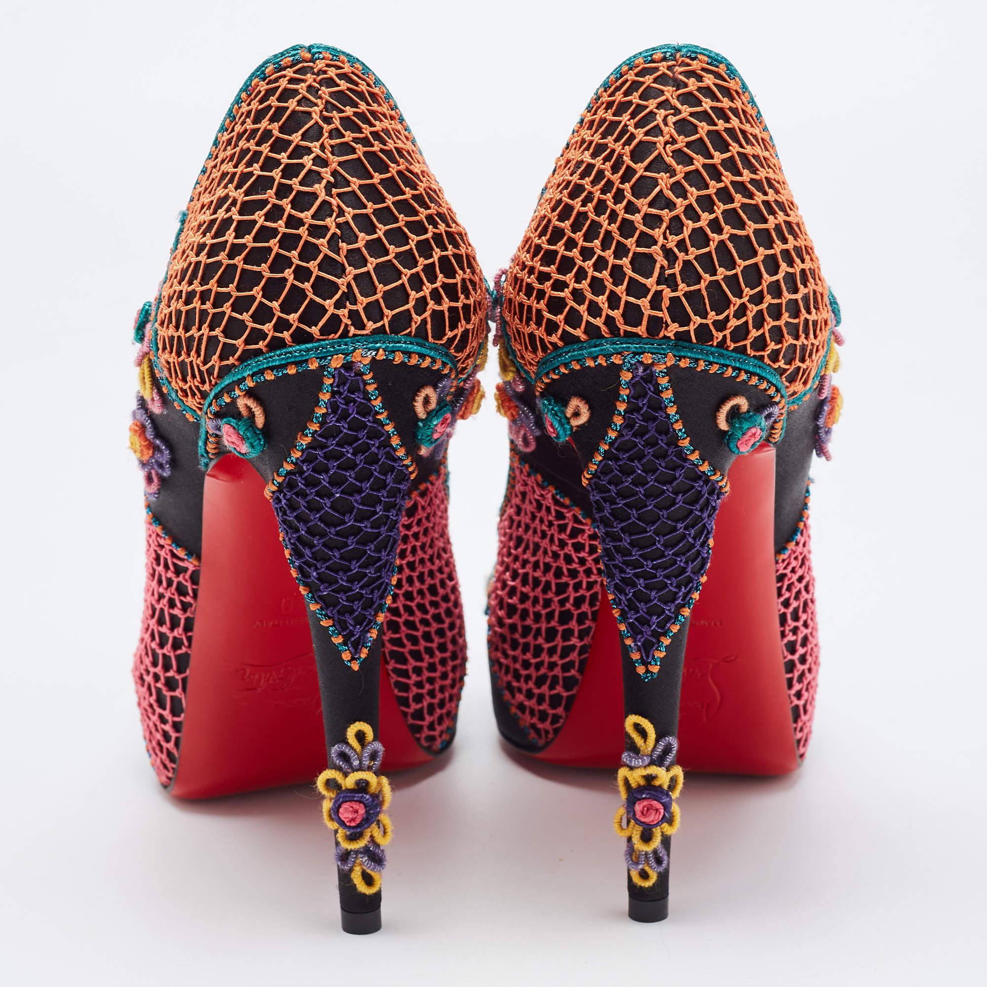Christian Louboutin Multicolor Embellished Satin Bow Peep Toe Platform Pumps Siz For Sale 3