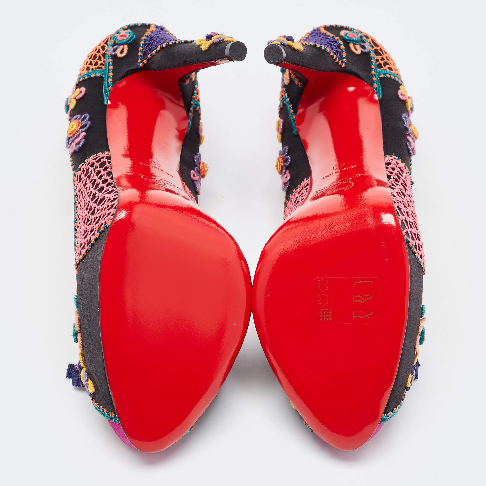 Christian Louboutin Multicolor Embellished Satin Bow Peep Toe Platform Pumps Siz For Sale 4