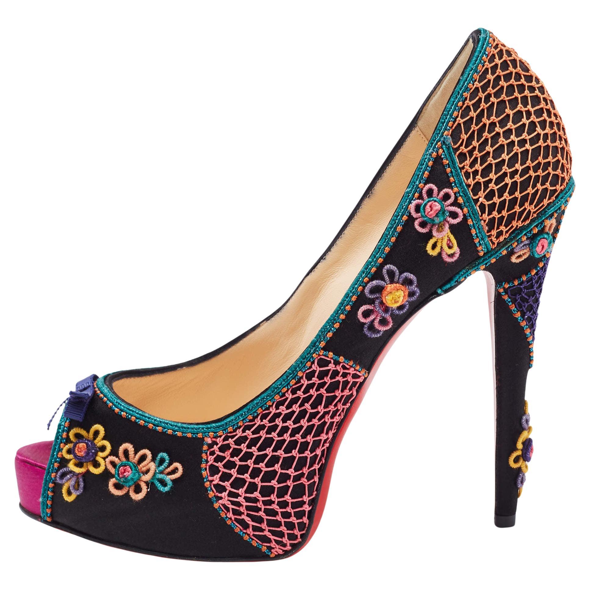 Christian Louboutin Multicolor Embellished Satin Bow Peep Toe Platform Pumps Siz For Sale