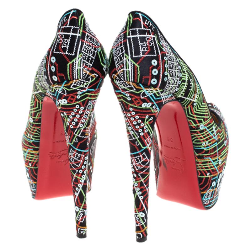 Women's Christian Louboutin Multicolor Embroidered Satin Sequins Platform  Size 38