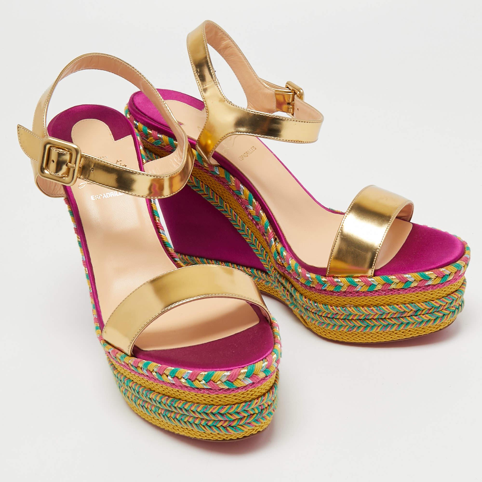 Women's Christian Louboutin Multicolor Espadrille Wedge Ankle Strap Sandals Size 41 For Sale