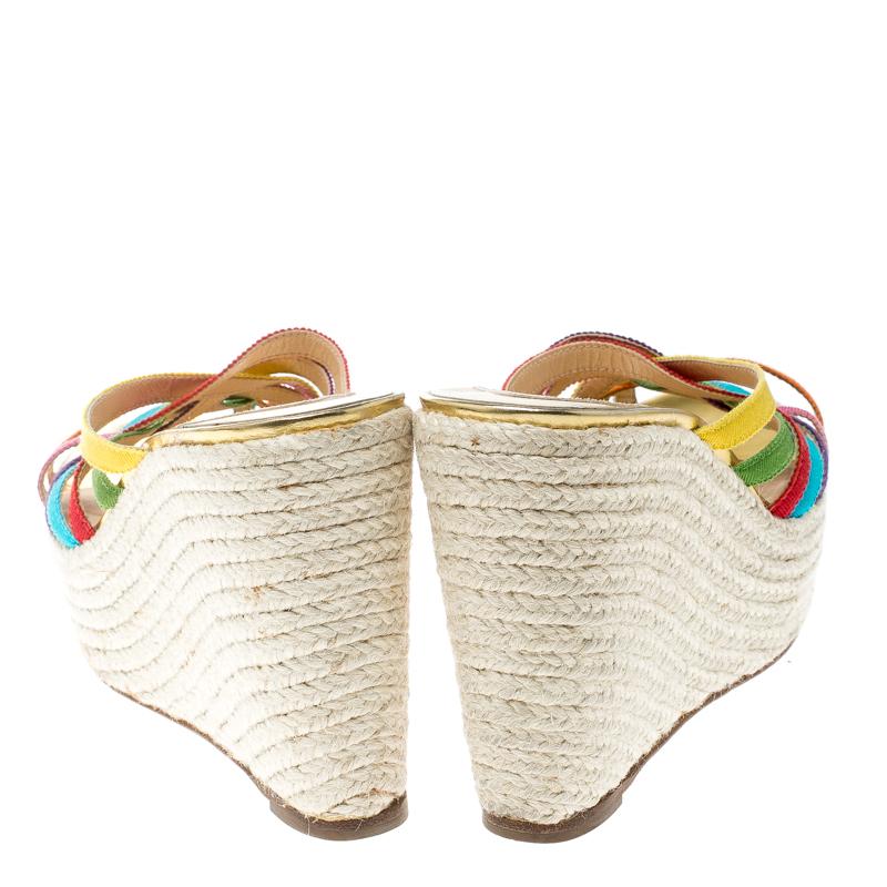 Beige Christian Louboutin Multicolor Fabric Crepon 110 Espadrille Wedge Sandals Size 3