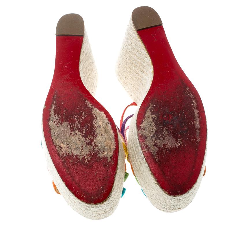Women's Christian Louboutin Multicolor Fabric Crepon 110 Espadrille Wedge Sandals Size 3