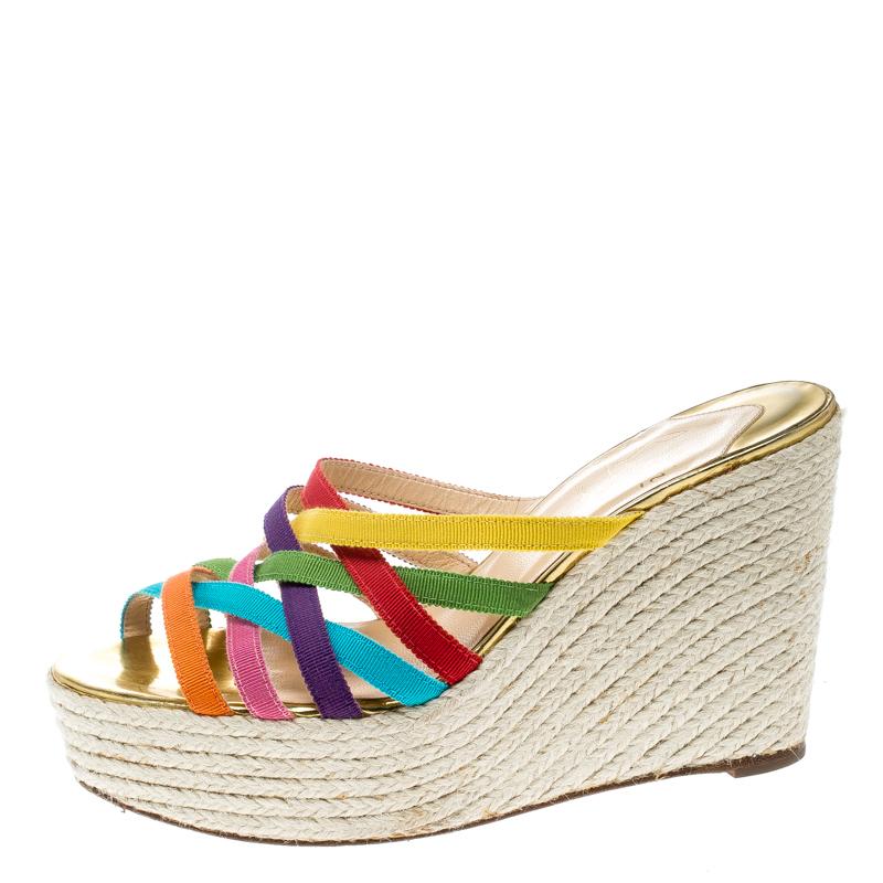 Christian Louboutin Multicolor Fabric Crepon 110 Espadrille Wedge Sandals Size 3 1