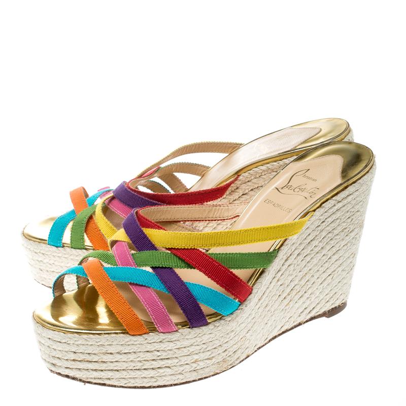 Christian Louboutin Multicolor Fabric Crepon 110 Espadrille Wedge Sandals Size 3 3