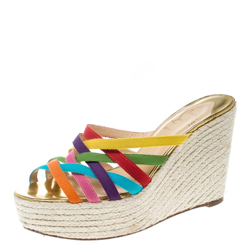 Christian Louboutin Multicolor Fabric Crepon 110 Espadrille Wedge Sandals Size 3