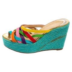 Christian Louboutin Multicolor Fabric Crepon Espadrille Wedge Sandals Size 37