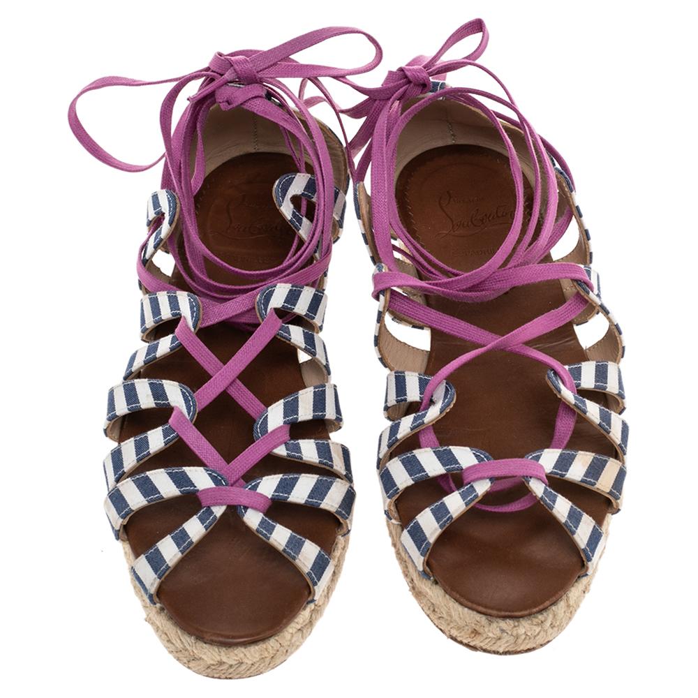 Christian Louboutin Multicolor Fabric Espadrille Ankle Wrap Flat Sandals Size 36 For Sale 1