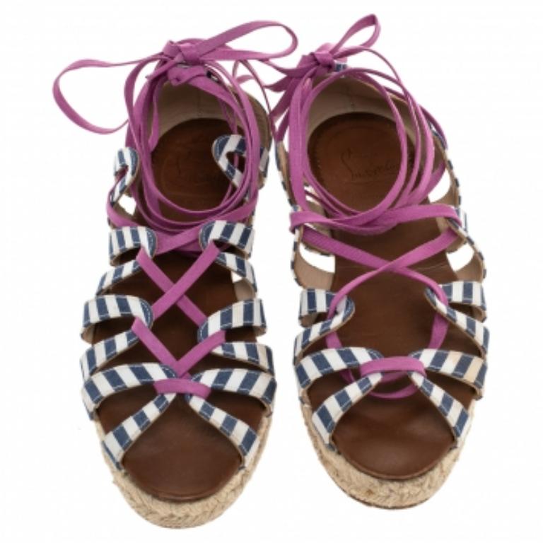 Christian Louboutin - Sandales plates espadrilles enveloppantes en tissu multicolore, taille 36 en vente 2