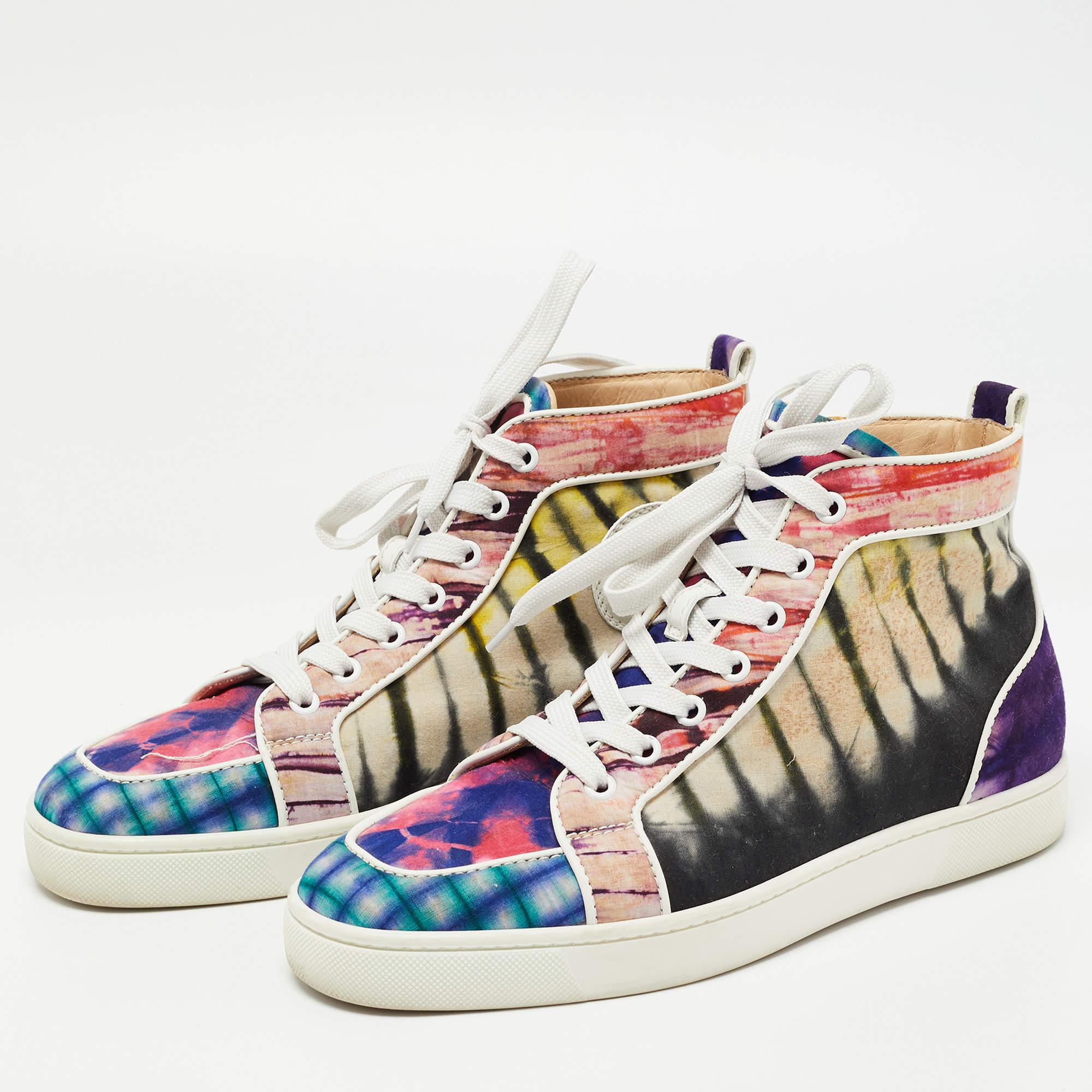 Beige Christian Louboutin Multicolor Fabric Tie Dye High Top Sneakers Size 39.5 For Sale