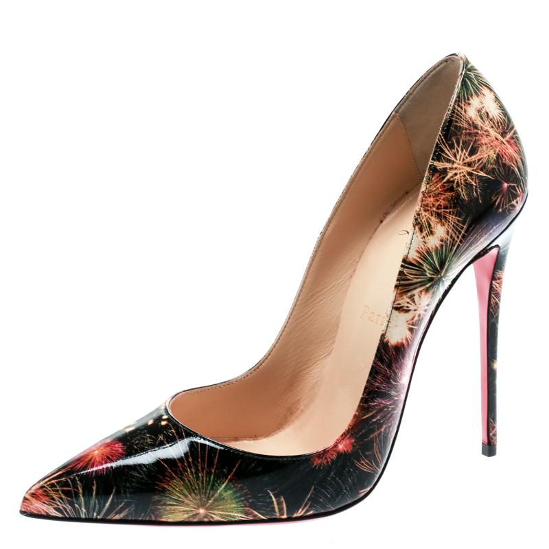 Dazzle at every step, and fetch admiring gasps your way every time you step out wearing these So Kate pumps from Christian Louboutin. The pumps carry a fireworks print exterior and they are made whole with pointed toes, stiletto heels, and the