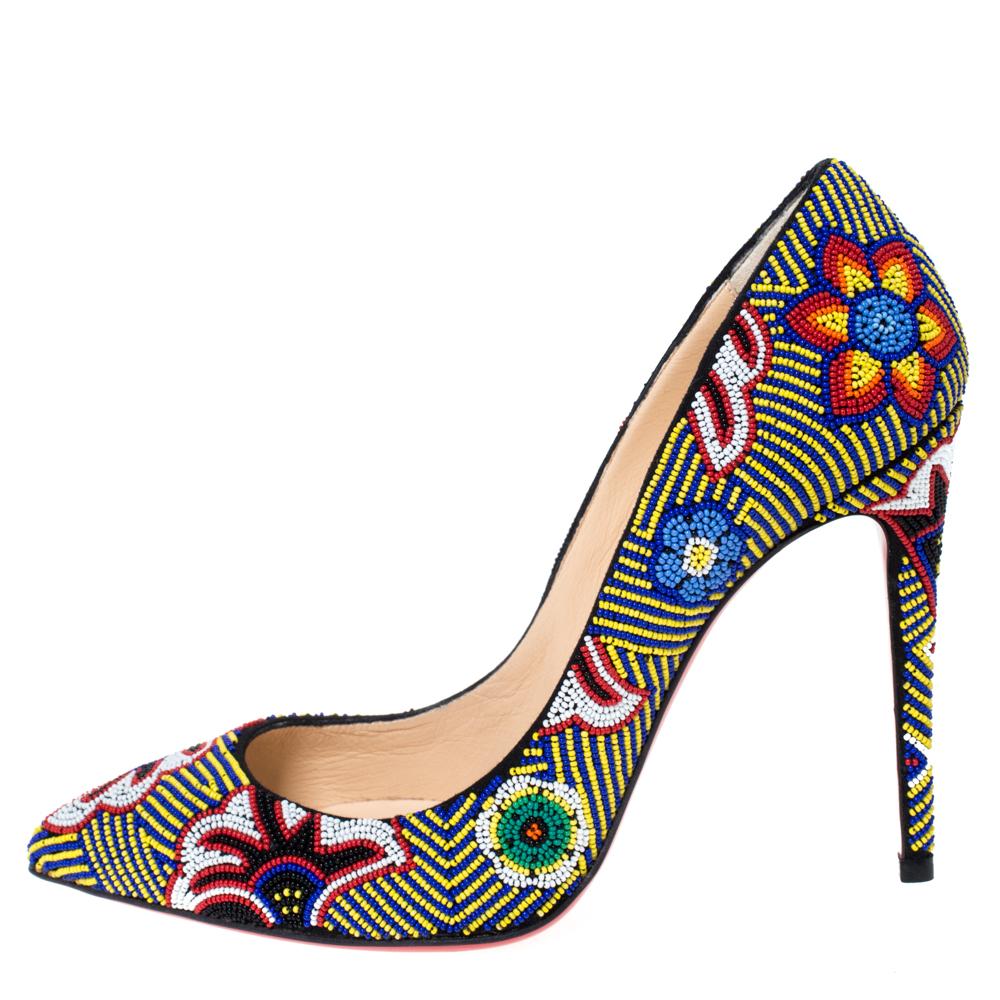 Upgrade your look by adding these Christian Louboutin Miss Taos pumps to the wardrobe. They are crafted from beaded fabric and designed with pointed toes and 10.5 CM stiletto heels. Finesse and poise will all come naturally when you wear these
