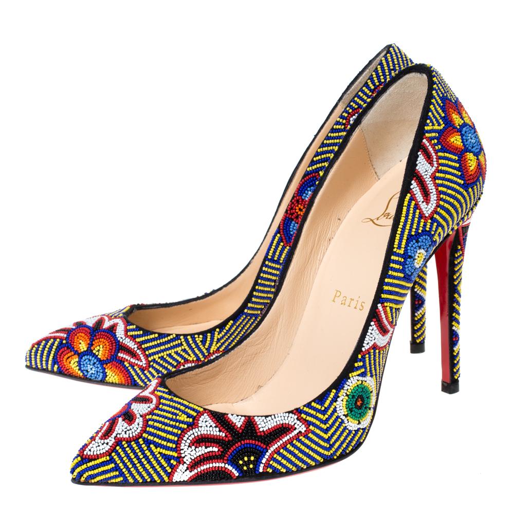 Beige Christian Louboutin Multicolor Floral Beaded Fabric Miss Taos Pumps Size 37