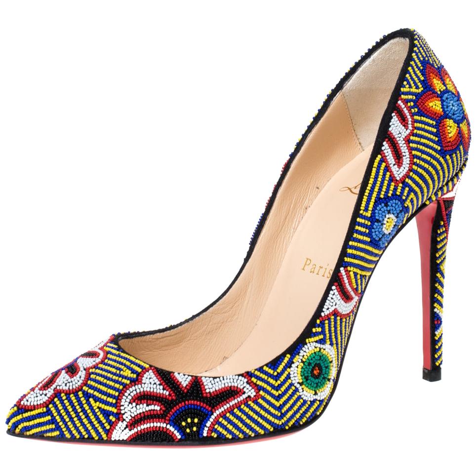 Christian Louboutin Multicolor Floral Beaded Fabric Miss Taos Pumps Size 37