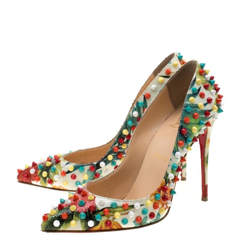 Christian Louboutin Multicolor Floral Crackled Leather Spike Pumps Size ...
