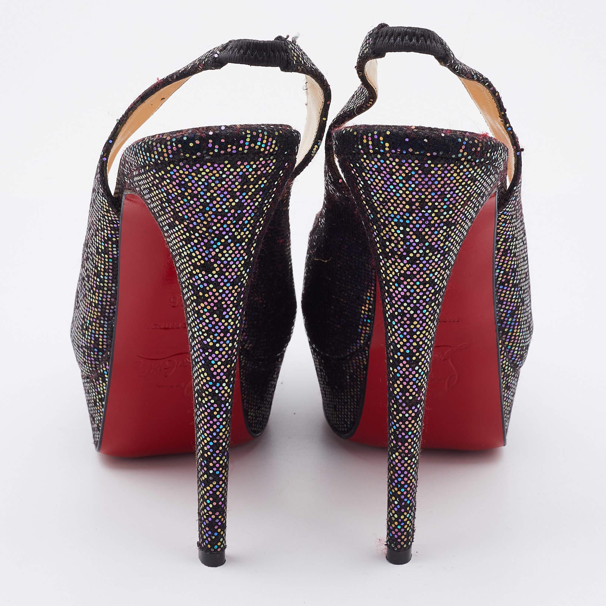 Black Christian Louboutin Multicolor Glitter Fabric Lady Peep-Toe Platform Slingback S For Sale