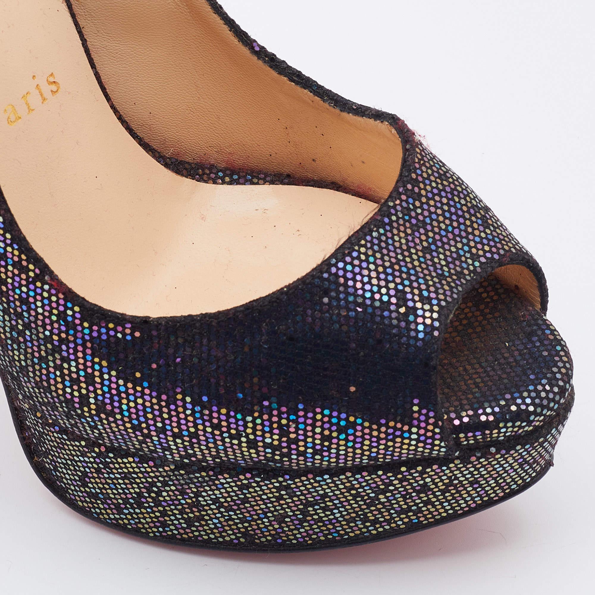 Christian Louboutin Multicolor Glitter Fabric Lady Peep-Toe Platform Slingback S In Good Condition For Sale In Dubai, Al Qouz 2