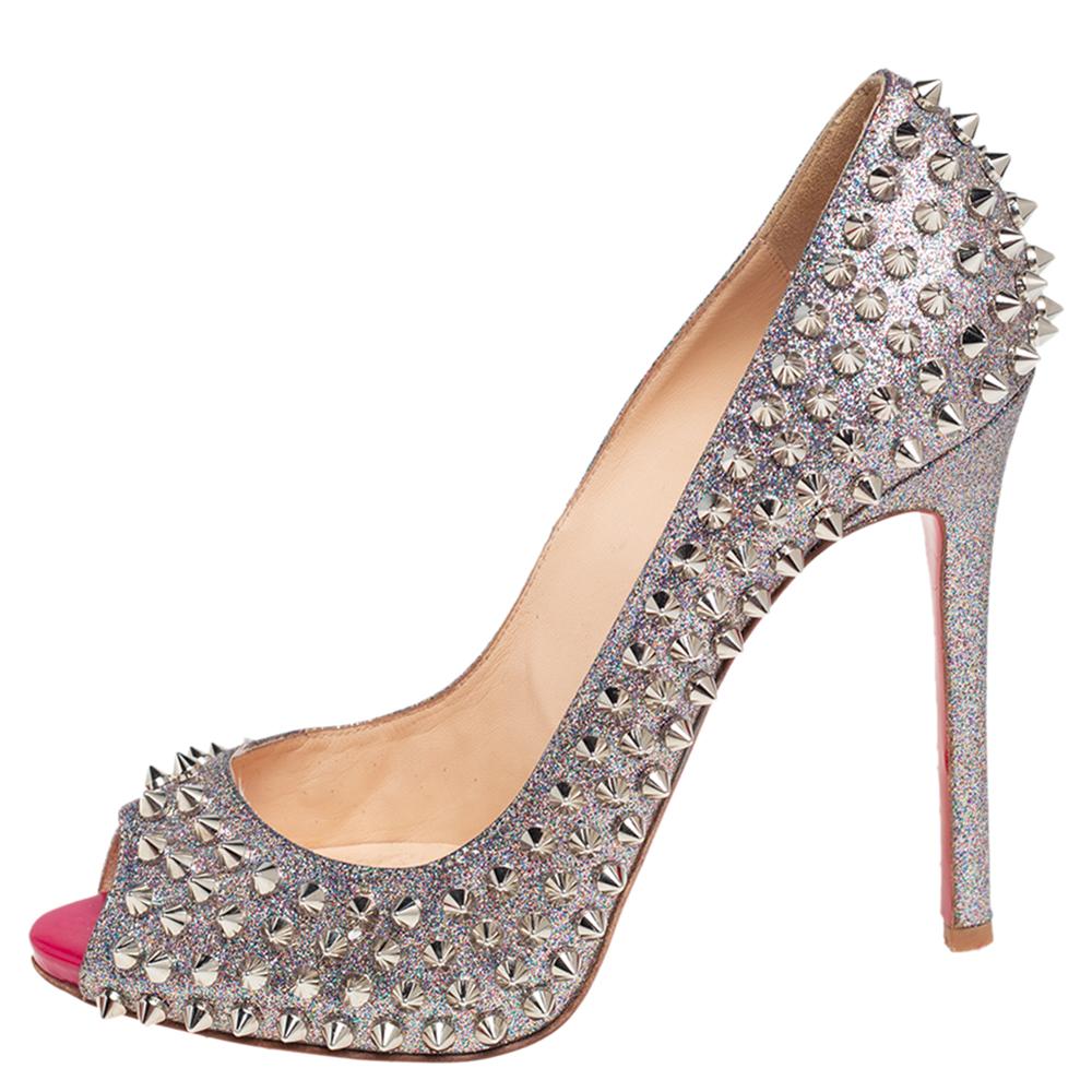 Christian Louboutin Multicolor Glitter Fabric Spike Flo Peep Toe Pumps ...