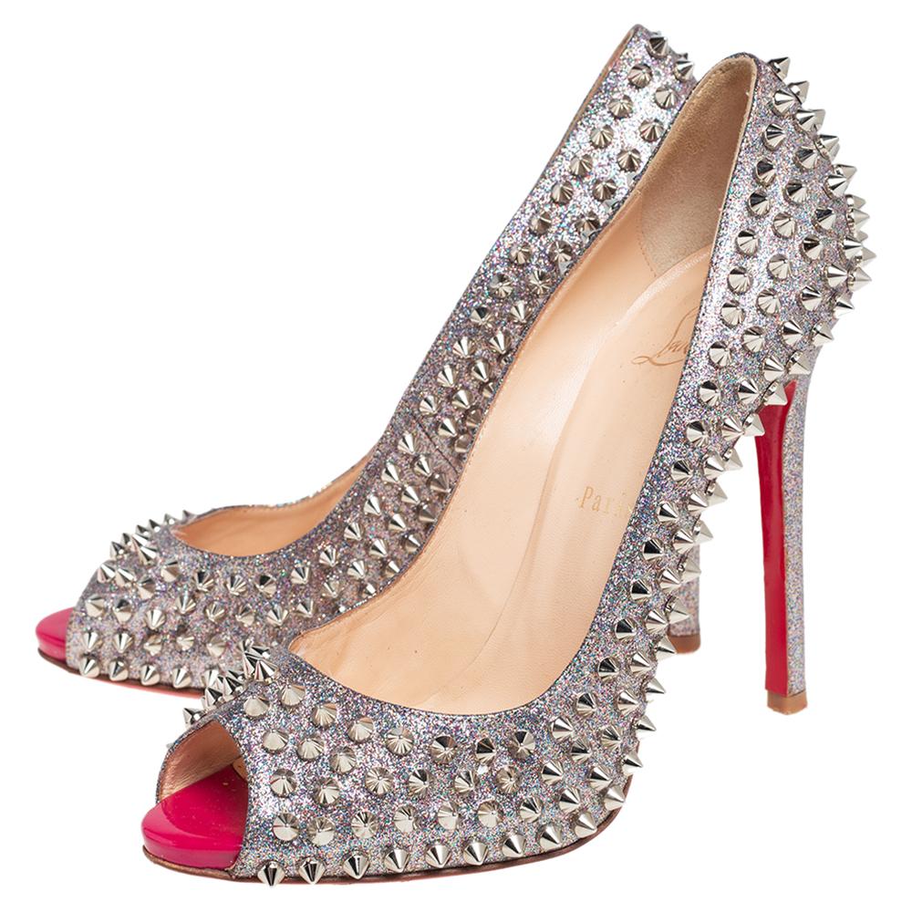 Christian Louboutin Multicolor Glitter Fabric Spike Flo Peep Toe Pumps Size 38.5 In Good Condition In Dubai, Al Qouz 2