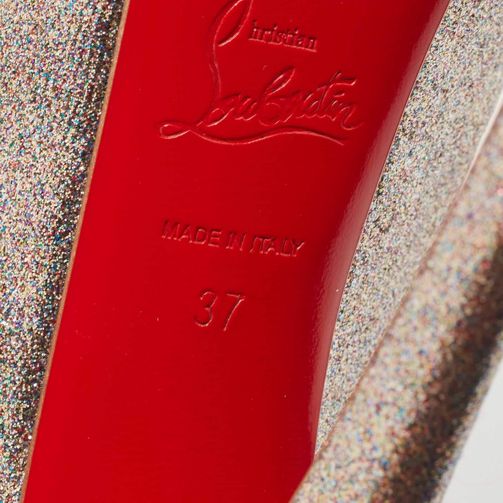 Christian Louboutin Multicolor Glitter Highness Peep Toe Platform Pumps Size 37 For Sale 1
