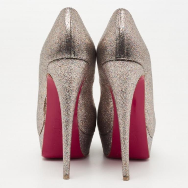 Women's Christian Louboutin Multicolor Glitter Lady Peep Toe Platform Pumps Size 38.5 For Sale