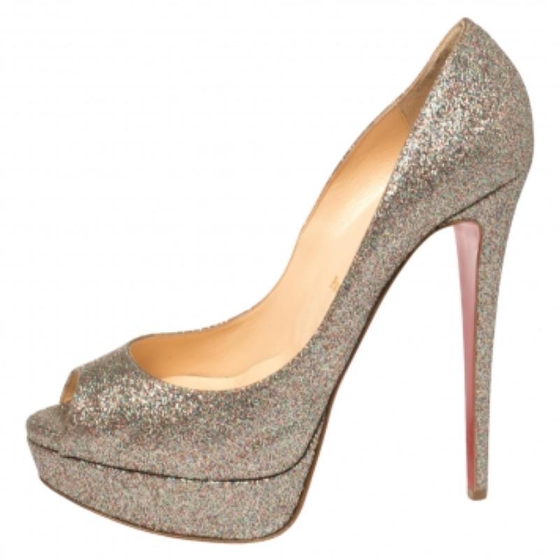 Beige Christian Louboutin Multicolor Glitter Lady Peep Toe Pumps Size 40 For Sale