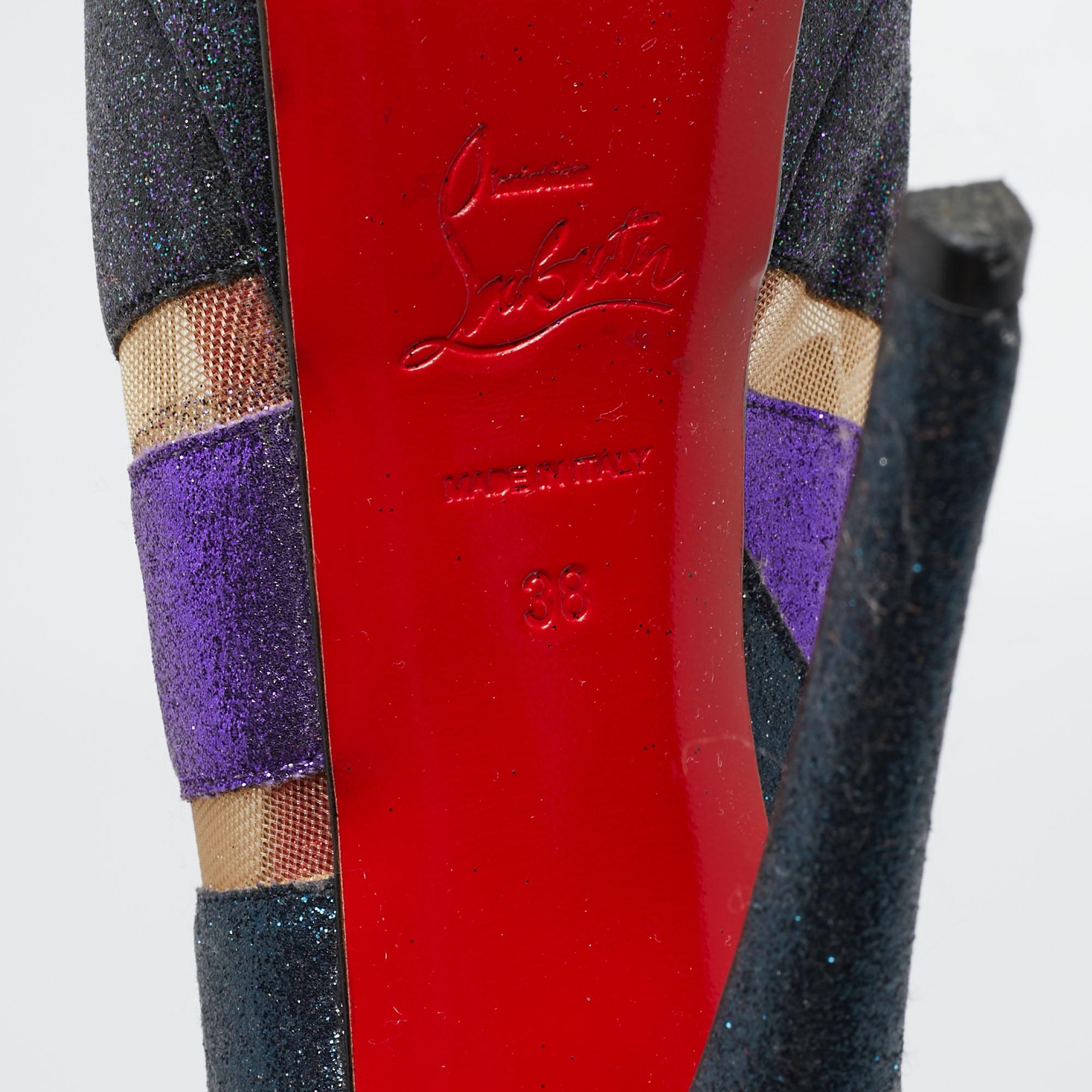 Christian Louboutin Multicolor Glitter Mesh Ziggy Peep-Toe Ankle Booties Size 38 In Good Condition For Sale In Dubai, Al Qouz 2