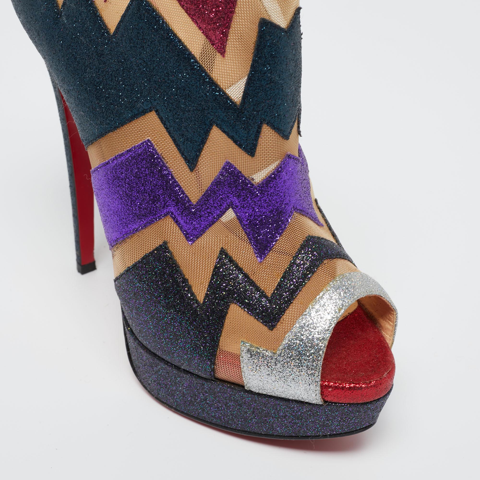 Women's Christian Louboutin Multicolor Glitter Mesh Ziggy Peep-Toe Ankle Booties Size 38 For Sale