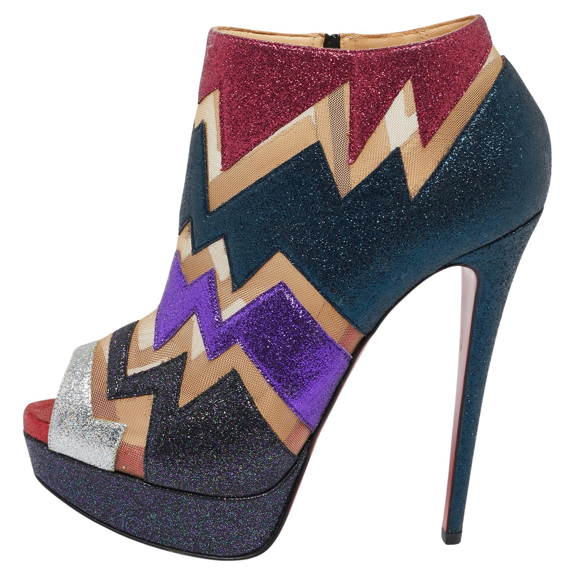 Christian Louboutin Multicolor Glitter Mesh Ziggy Peep-Toe Ankle Booties Size 38 For Sale