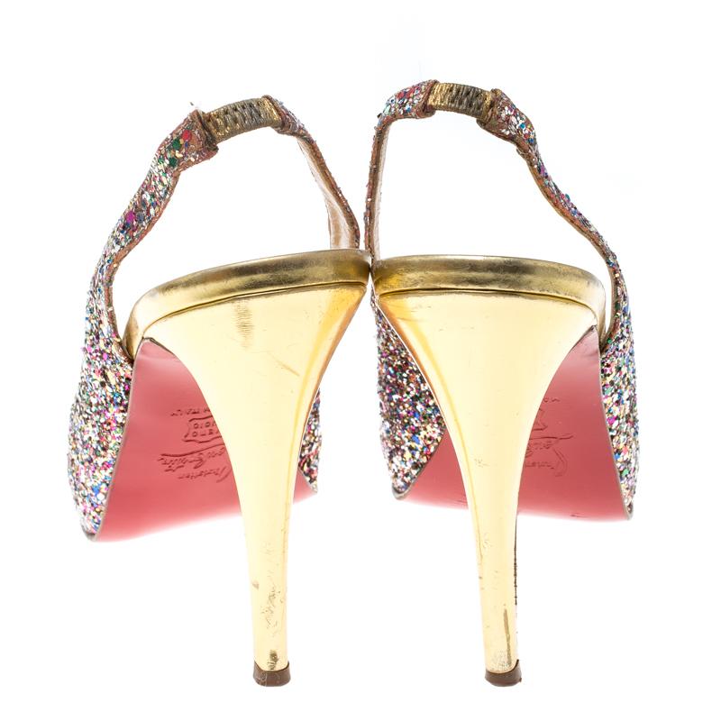 Beige Christian Louboutin Multicolor Glitter N°Prive Slingback Sandals Size 38