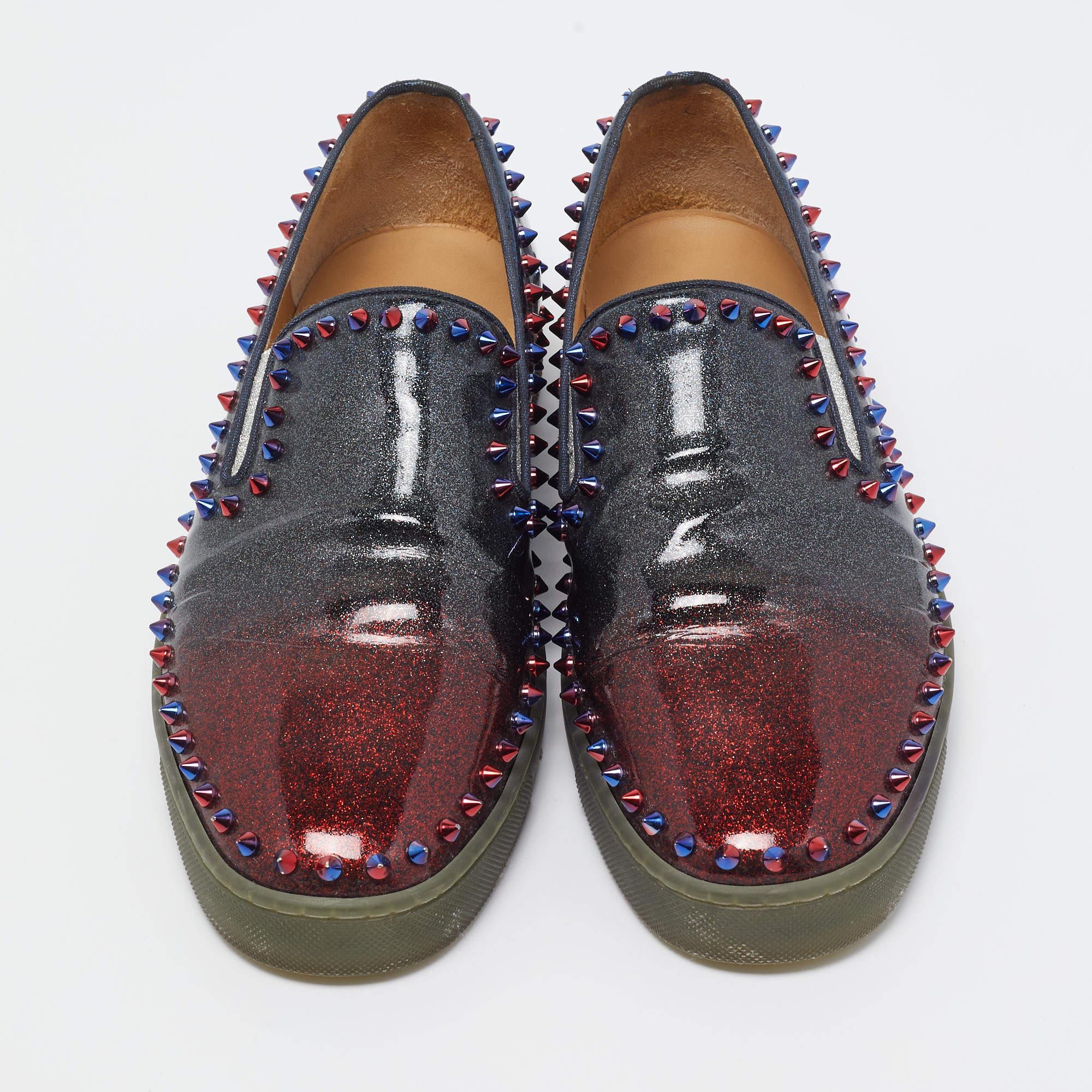 Christian Louboutin Multicolor Glitter Patent Leather Spike Pik Boat Slip On  For Sale 2