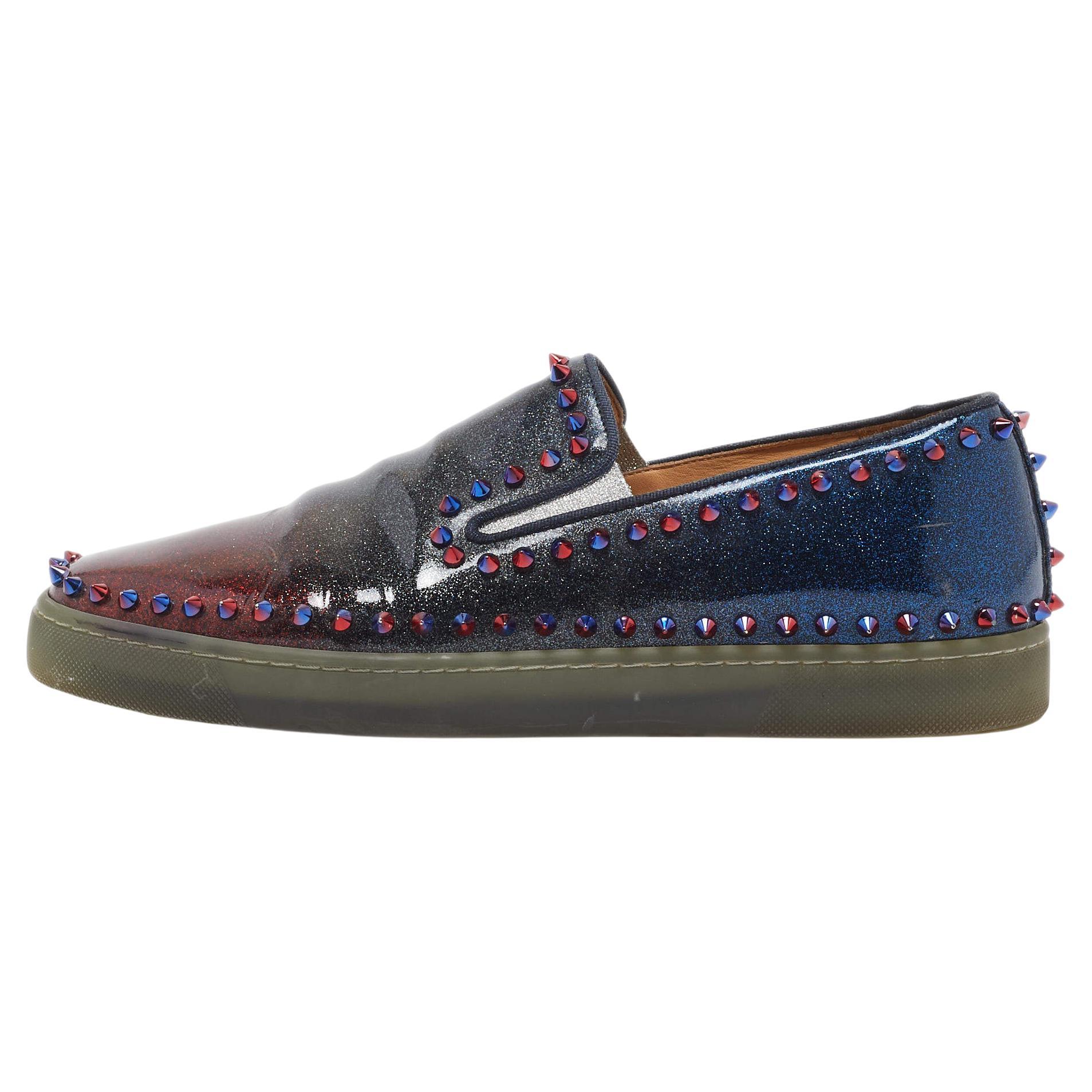Christian Louboutin Multicolor Glitter Patent Leather Spike Pik Boat Slip On  For Sale