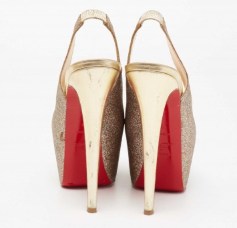 Women's Christian Louboutin Multicolor Glitter Platform Slingback Pumps Size 37 For Sale