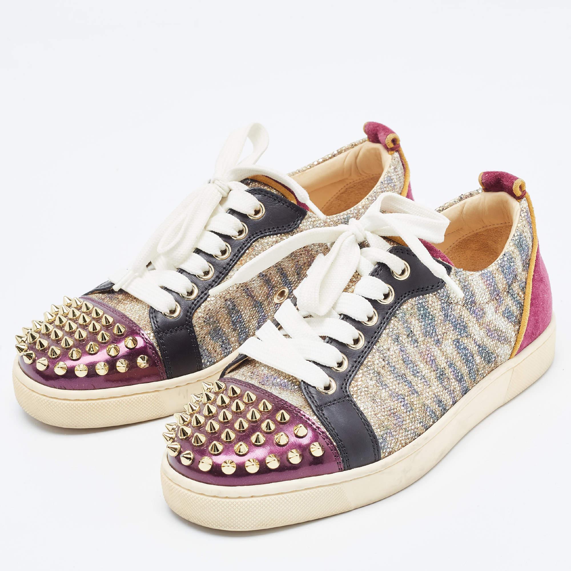 Christian Louboutin Multicolor Glitter Spikes Louis Junior Sneakers Size 35 For Sale 1