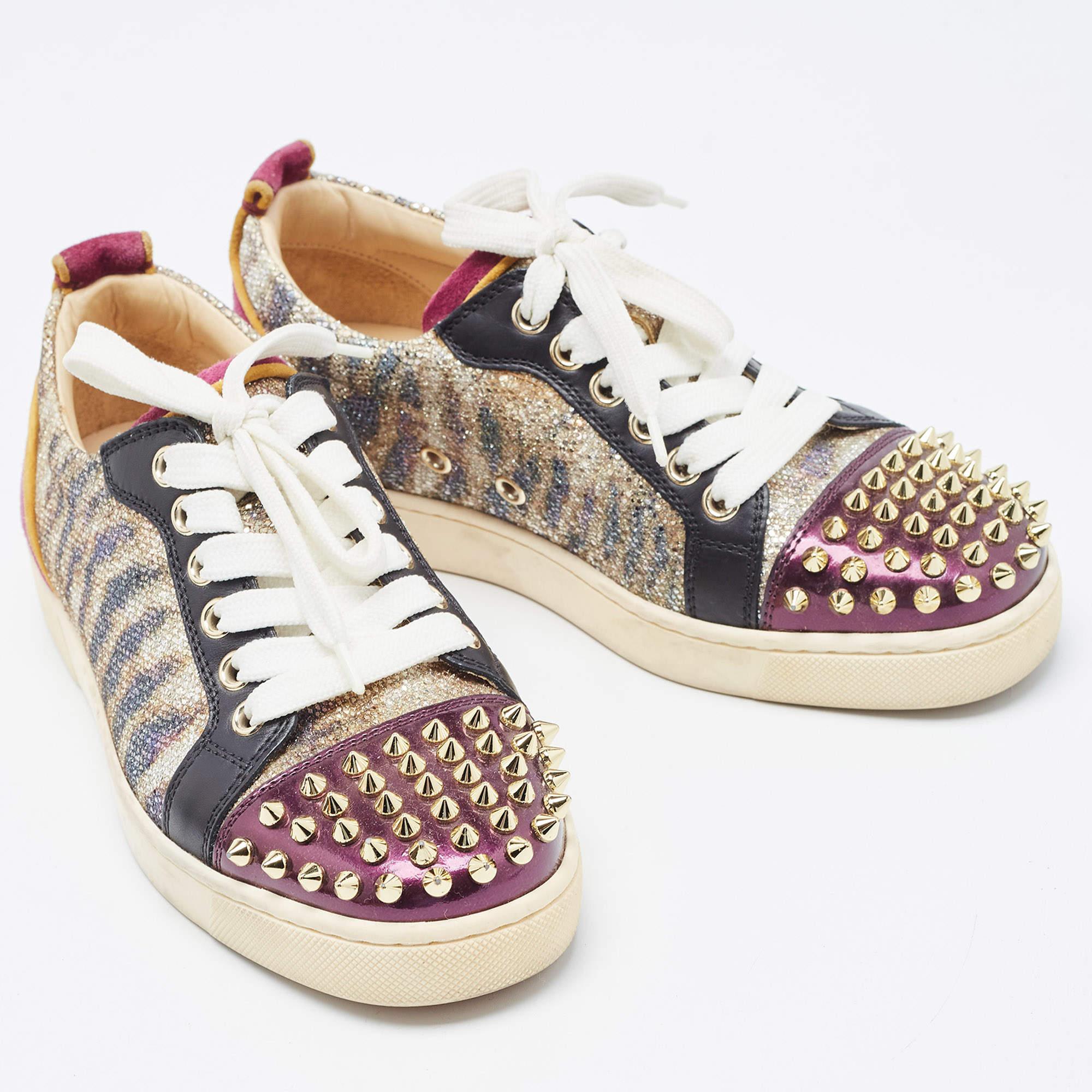 Christian Louboutin Multicolor Glitter Spikes Louis Junior Sneakers Size 35 For Sale 2
