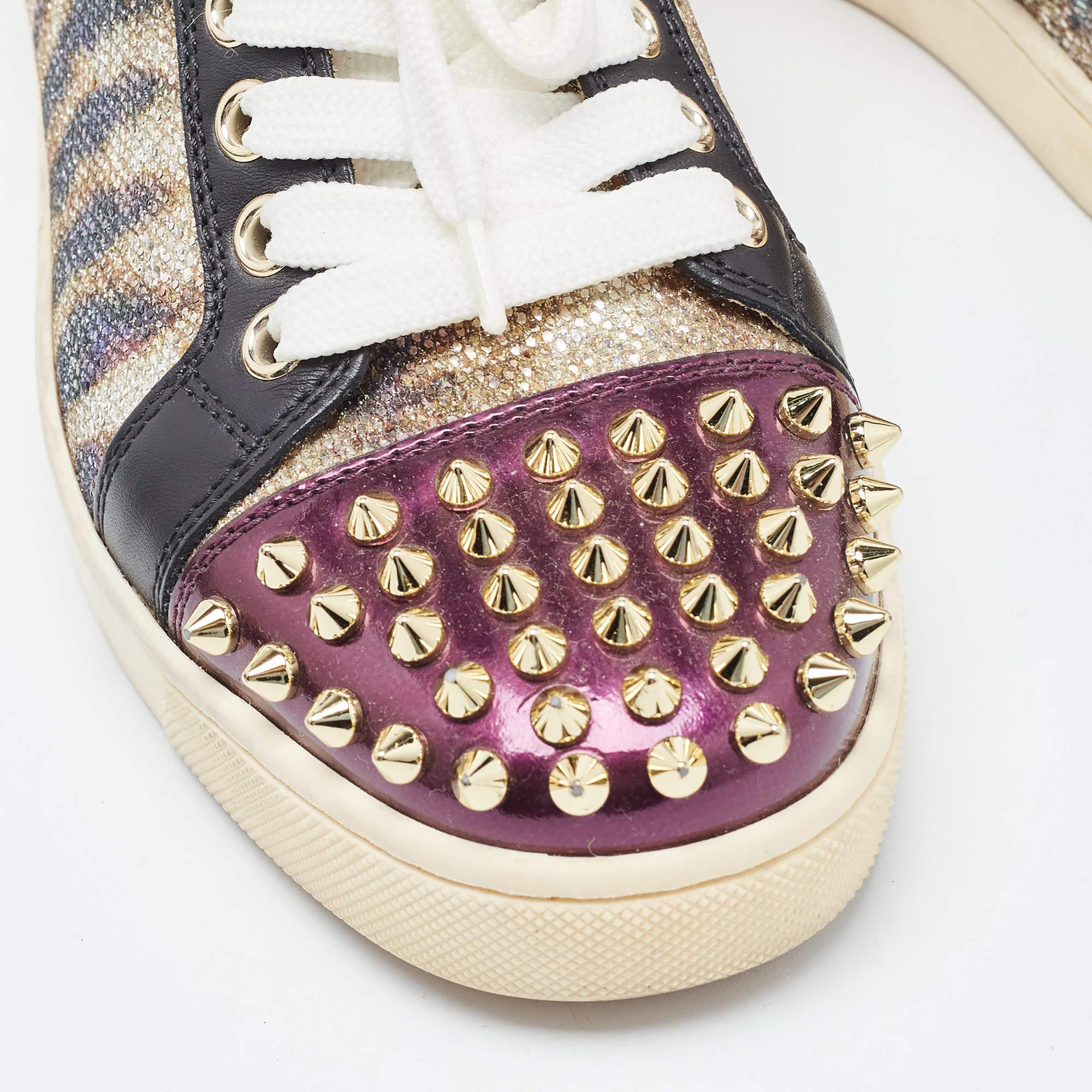 Christian Louboutin Multicolor Glitter Spikes Louis Junior Sneakers Size 35 For Sale 4