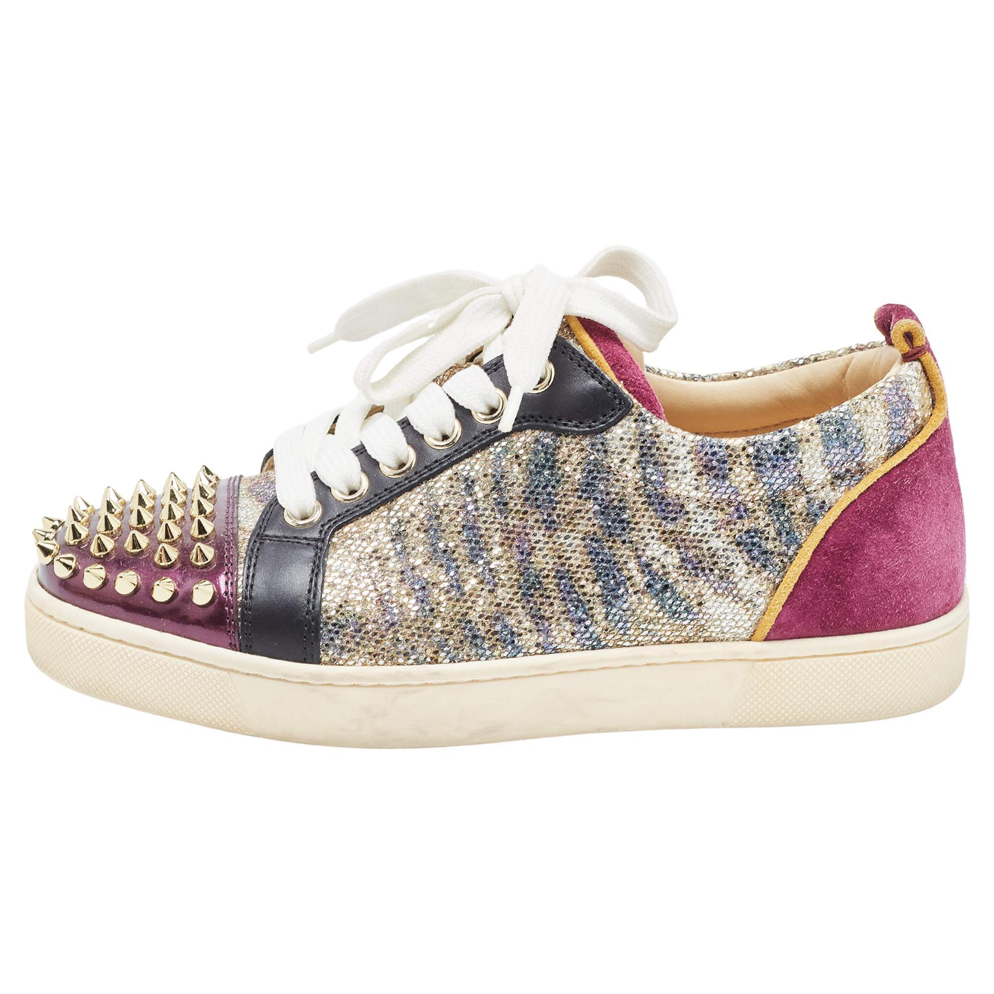 Christian Louboutin Multicolor Glitter Spikes Louis Junior Sneakers Size 35 For Sale
