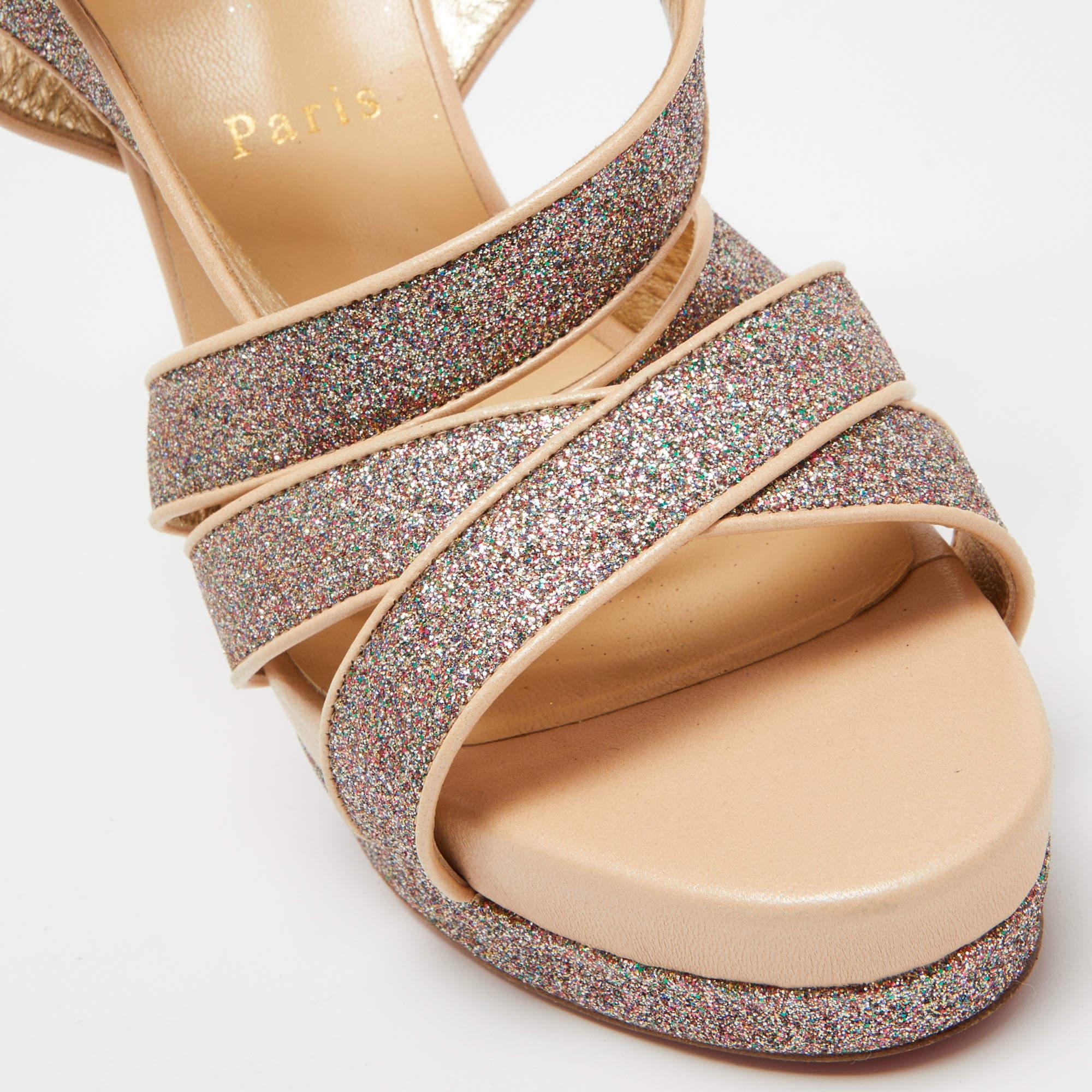 Christian Louboutin Multicolor Glitter Straratata Platform Sandals Size 38 In Excellent Condition In Dubai, Al Qouz 2