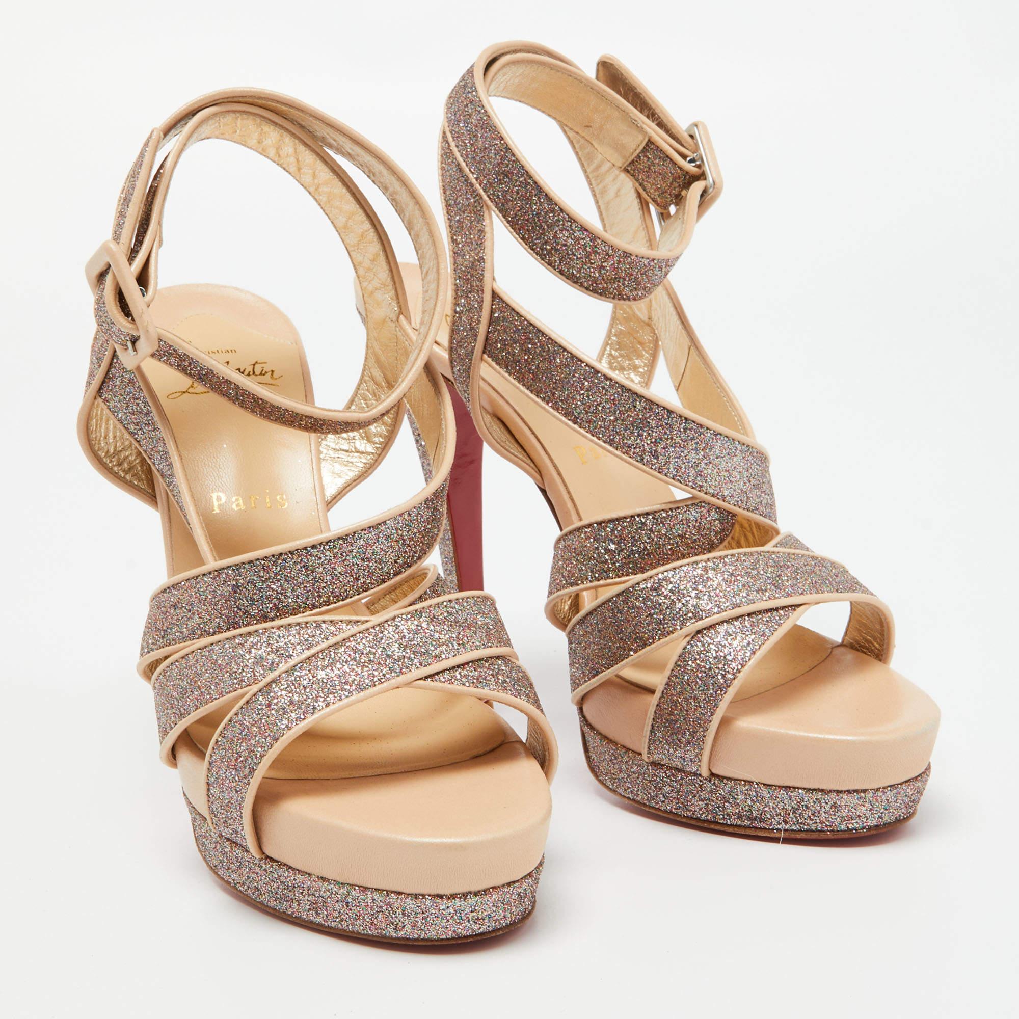 Women's Christian Louboutin Multicolor Glitter Straratata Platform Sandals Size 38